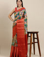 Phenomenal Beige Kalamkari Printed Saree With Gossamer Blouse Piece