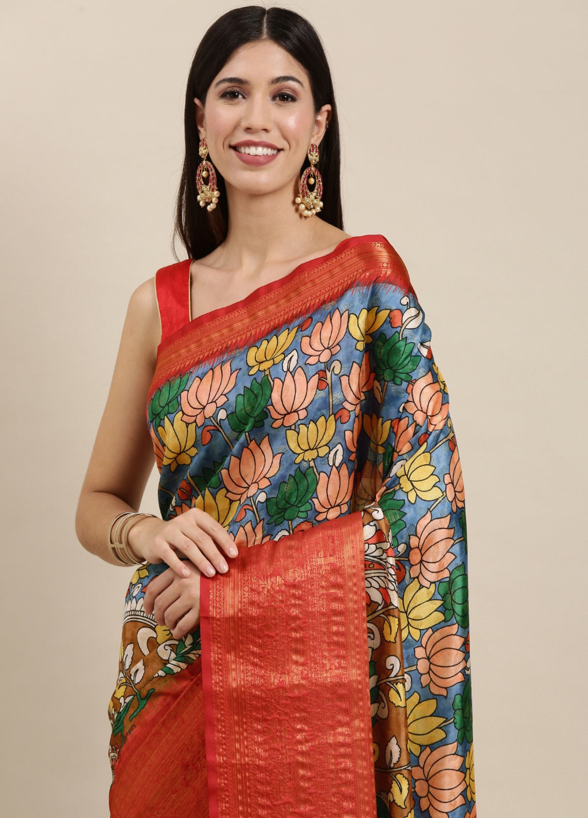 Phenomenal Beige Kalamkari Printed Saree With Gossamer Blouse Piece