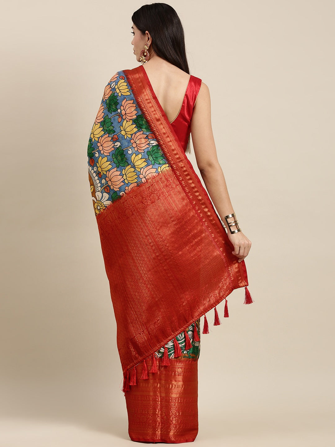 Phenomenal Beige Kalamkari Printed Saree With Gossamer Blouse Piece