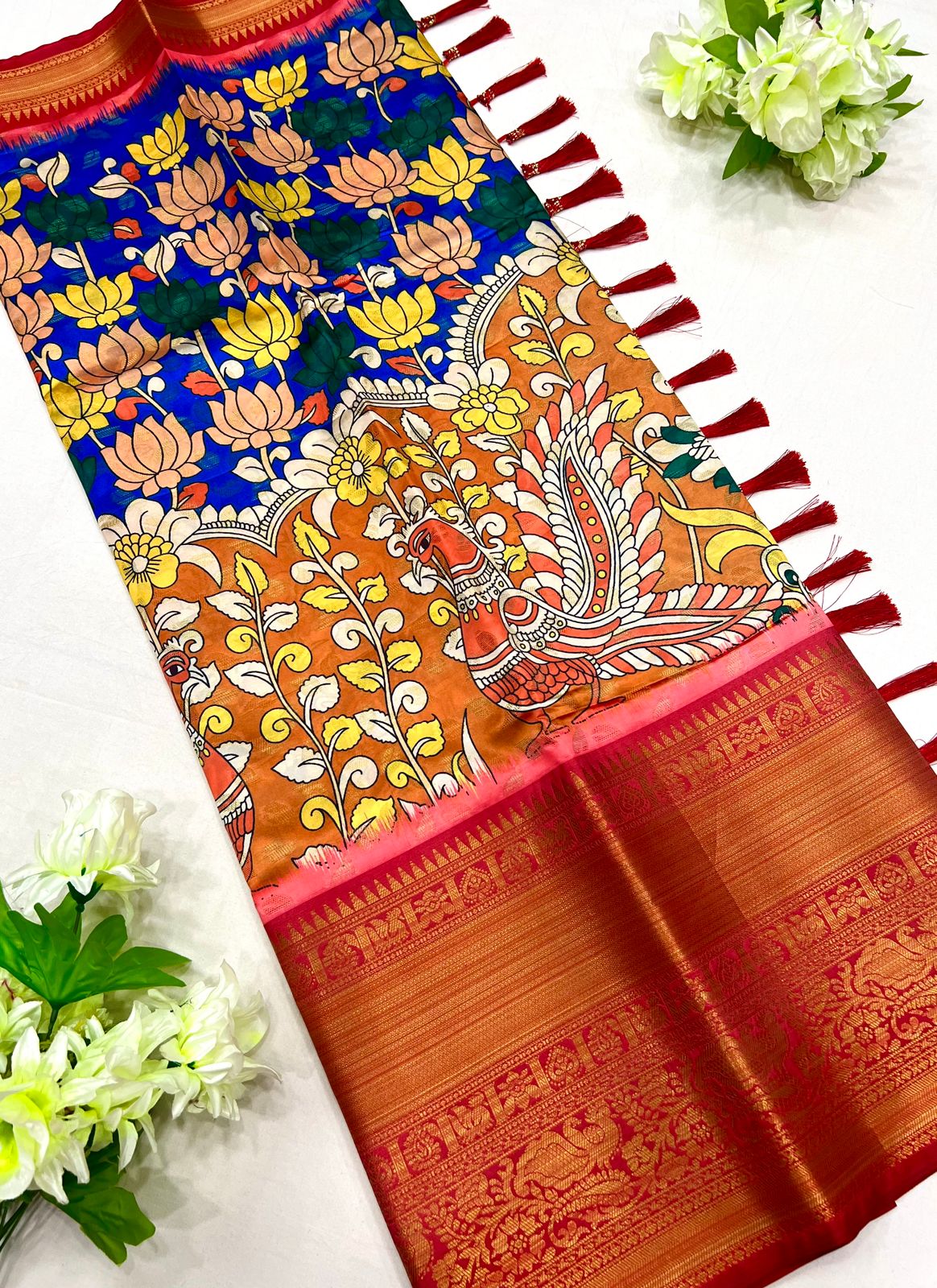 Phenomenal Beige Kalamkari Printed Saree With Gossamer Blouse Piece