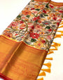 Capricious Beige Kalamkari Printed Saree With Epiphany Blouse Piece