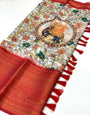 Wonderful Beige Kalamkari Printed Saree With Elision Blouse Piece