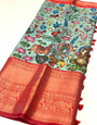 Gorgeous Firozi Kalamkari Printed Saree With Effervescent Blouse Piece