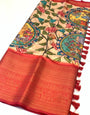 Sensational Peach Kalamkari Printed Saree With Dissemble Blouse Piece