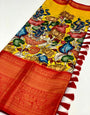 Refreshing Yellow Kalamkari Printed Saree With Desultory Blouse Piece