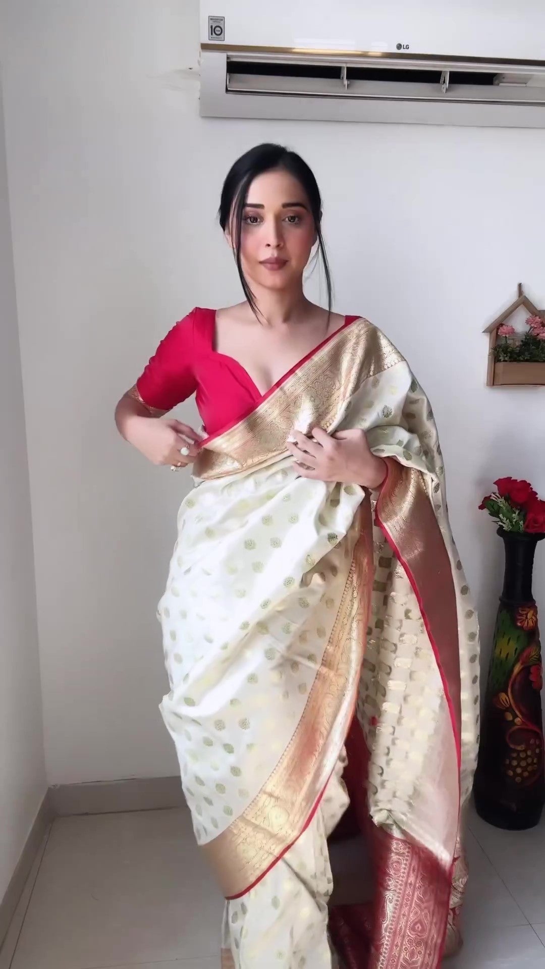 Flattering 1-Minute Ready To Wear Beige Soft Silk Saree