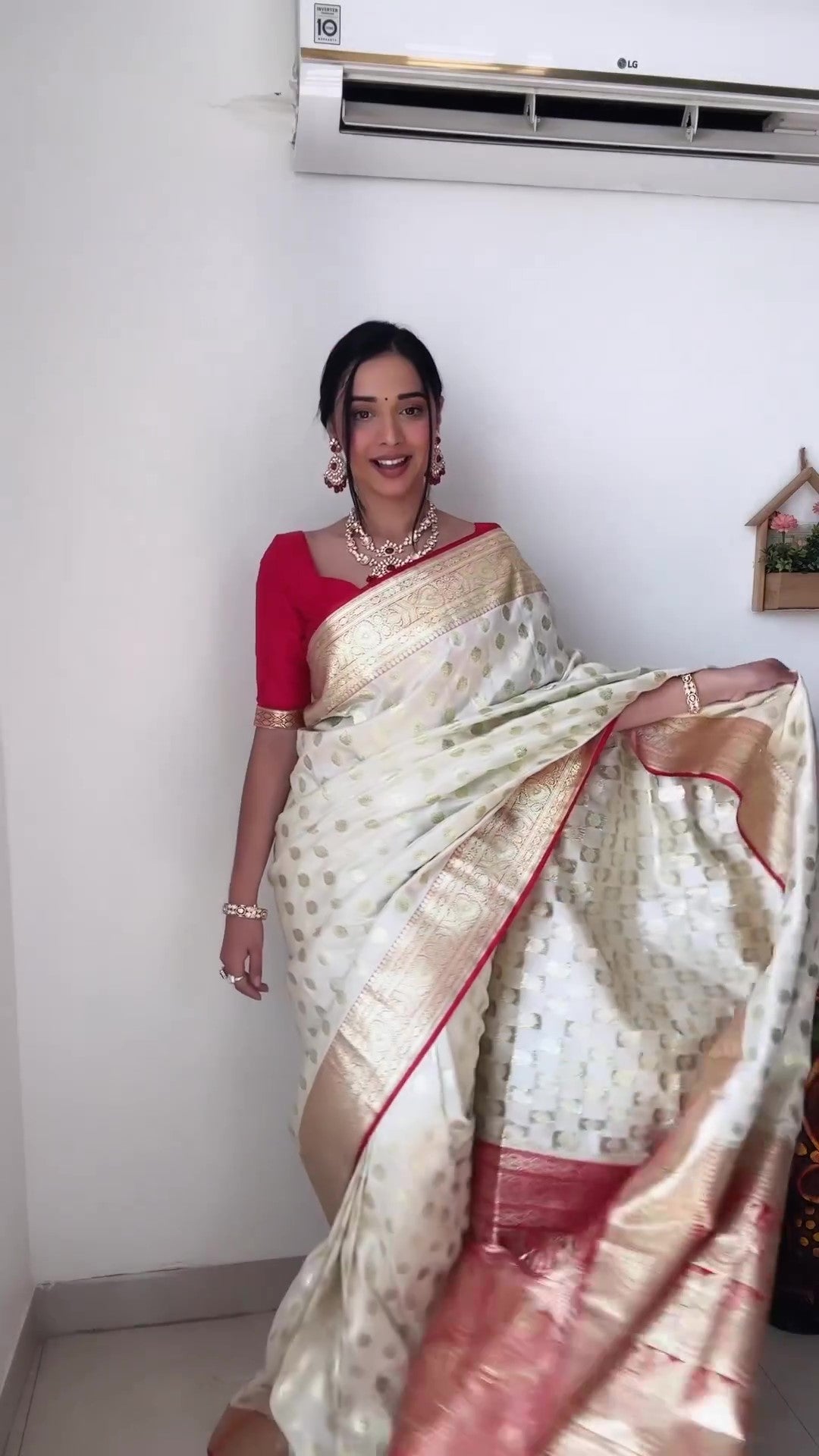 Flattering 1-Minute Ready To Wear Beige Soft Silk Saree