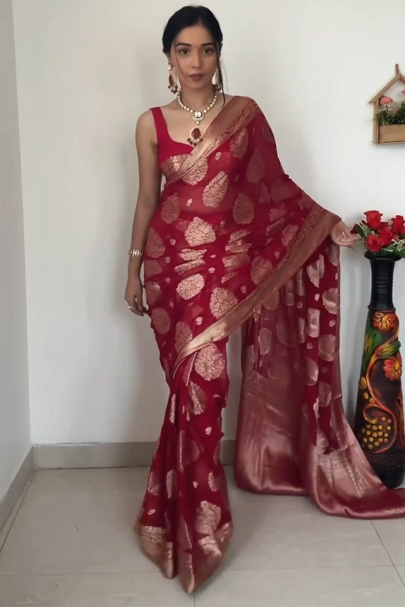 Dazzling 1-Minute Ready To Wear Red Cotton Silk Saree