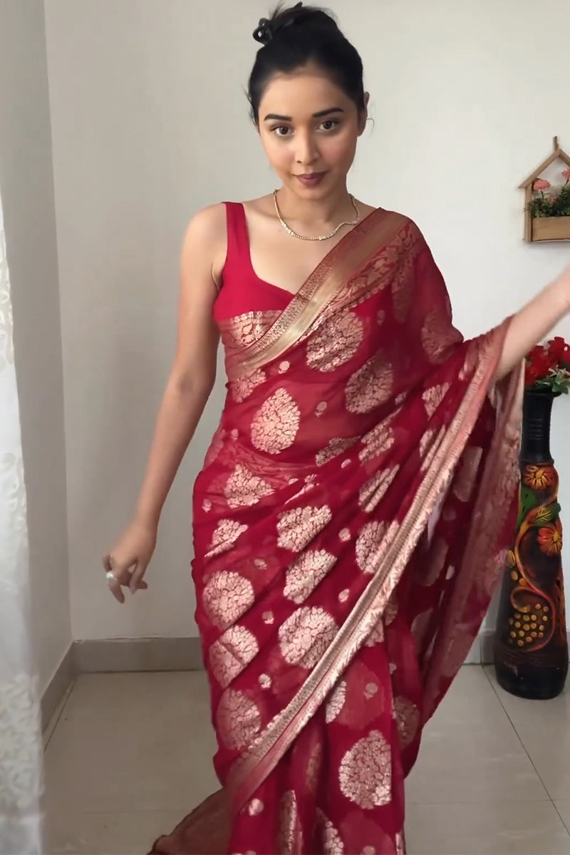 Dazzling 1-Minute Ready To Wear Red Cotton Silk Saree