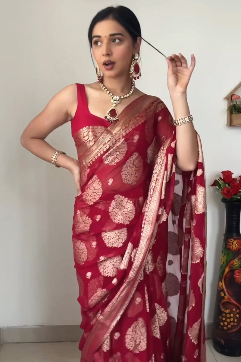 Dazzling 1-Minute Ready To Wear Red Cotton Silk Saree