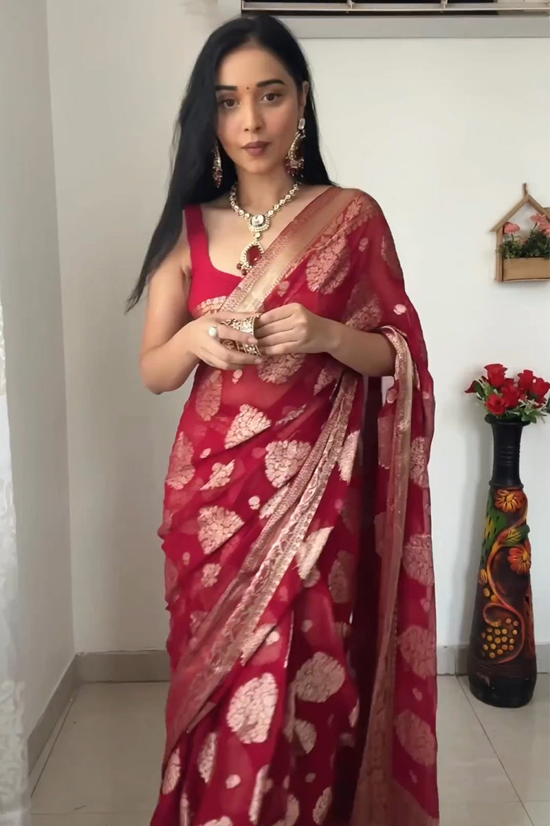 Dazzling 1-Minute Ready To Wear Red Cotton Silk Saree