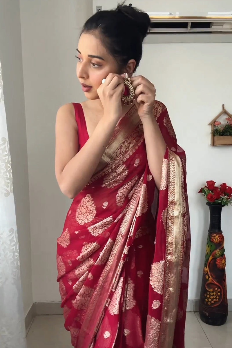 Dazzling 1-Minute Ready To Wear Red Cotton Silk Saree