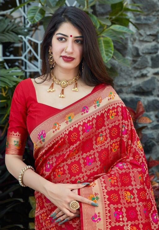 Assemblage Red Soft Silk Saree With Ethnic Blouse Piece