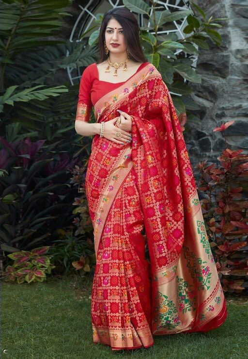 Assemblage Red Soft Silk Saree With Ethnic Blouse Piece