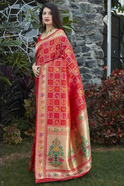 Assemblage Red Soft Silk Saree With Ethnic Blouse Piece