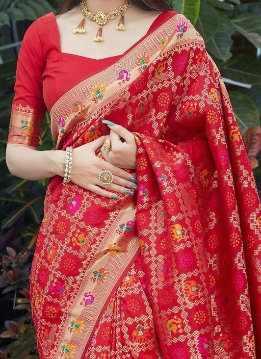 Assemblage Red Soft Silk Saree With Ethnic Blouse Piece