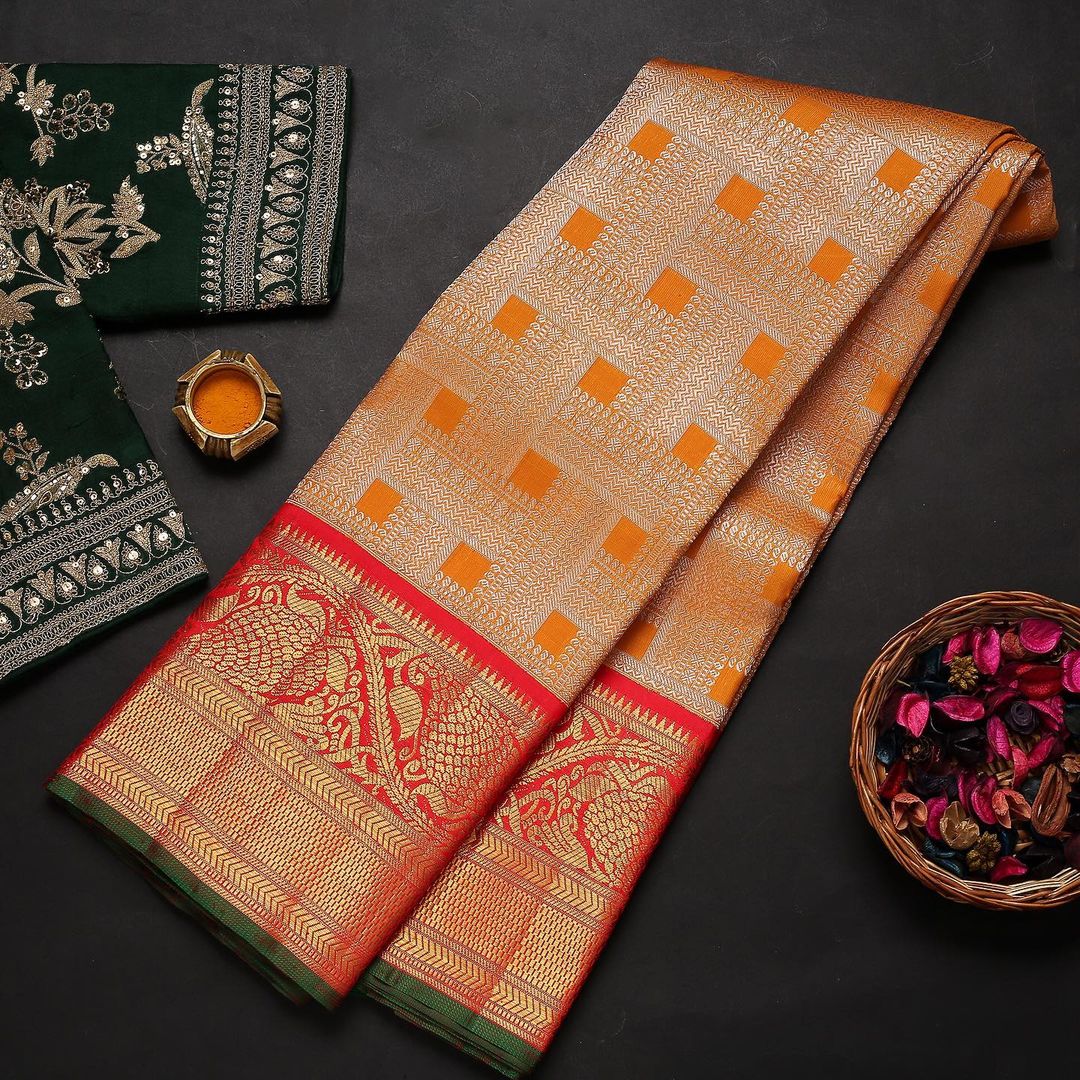 Sophisticated Orange Soft Silk Saree With Extraordinary Two Blouse Piece