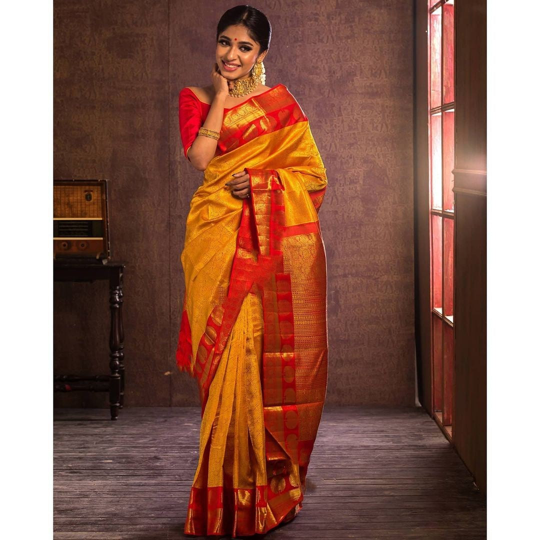 Charming Yellow Soft Silk Saree With Ideal Blouse Piece