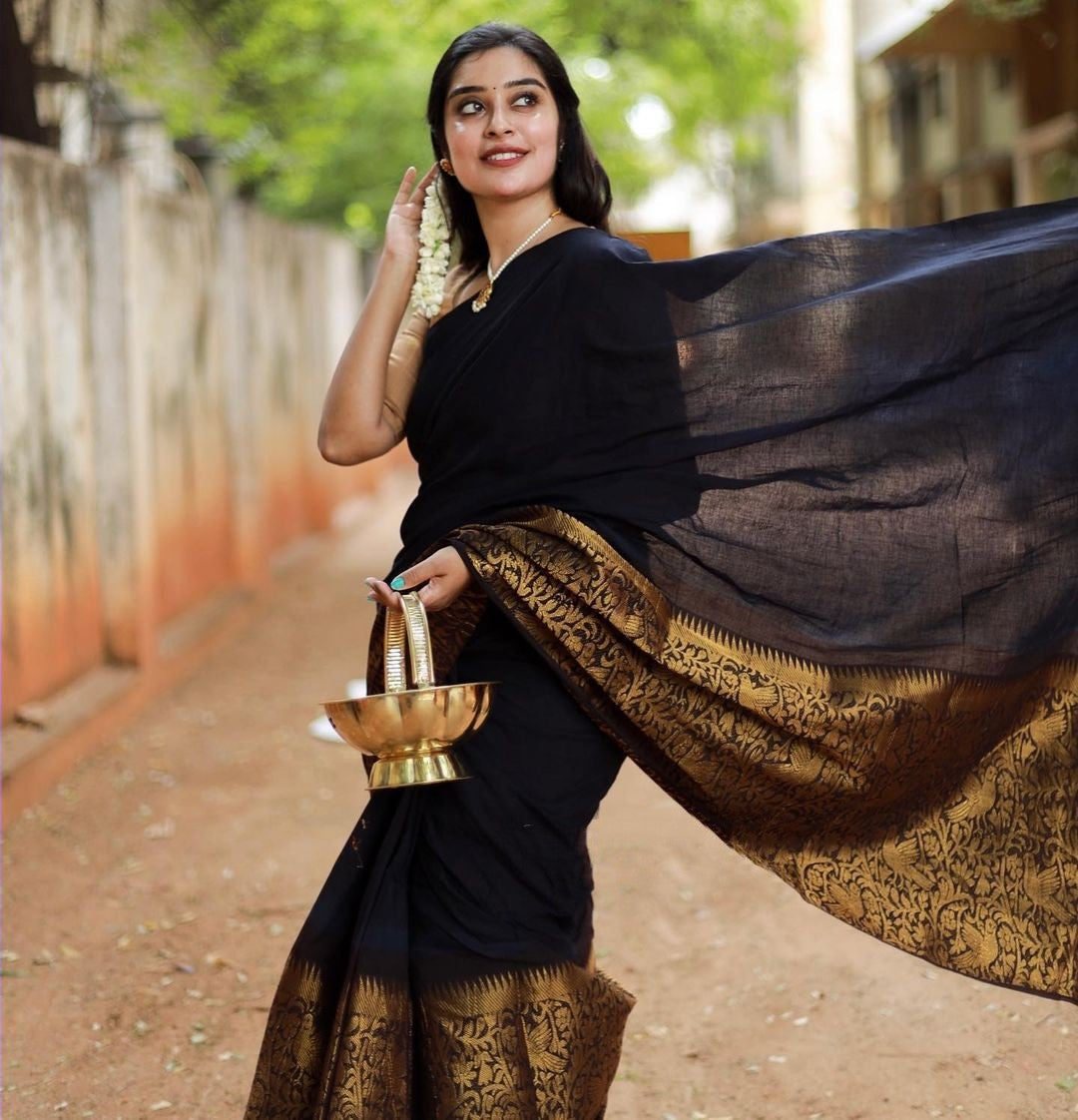 Impressive Black Soft Silk Saree With Nemesis Blouse Piece