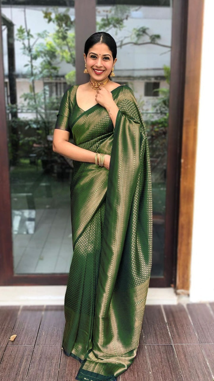 Elaborate Green Soft Silk Saree With Elaborate Blouse Piece