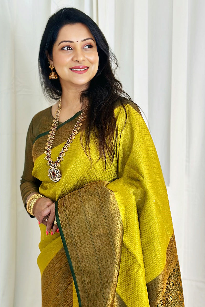 Bucolic Lemon Soft Silk Saree With Surreptitious Blouse Piece