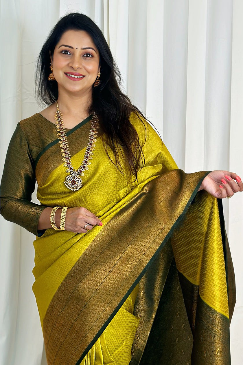 Bucolic Lemon Soft Silk Saree With Surreptitious Blouse Piece