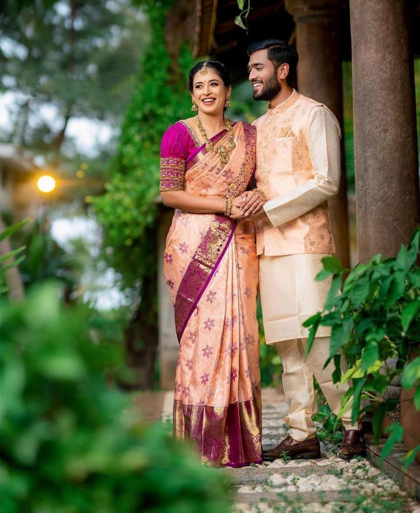 Trendy Peach Soft Silk Saree With Super classy Blouse Piece