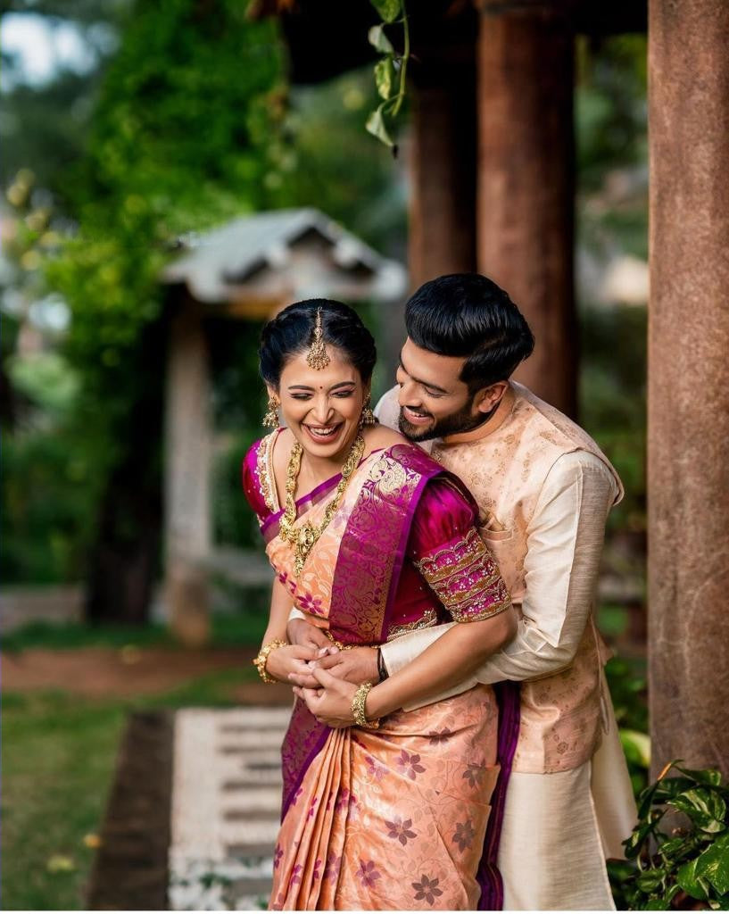 Trendy Peach Soft Silk Saree With Super classy Blouse Piece