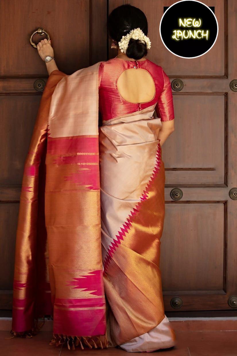 Most Stunning Beige Soft Silk Saree With Vivacious Blouse Piece