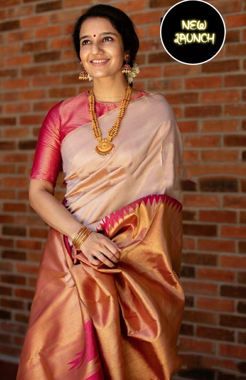 Most Stunning Beige Soft Silk Saree With Vivacious Blouse Piece