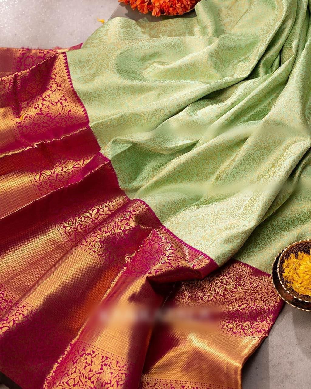 Supernal Pista Soft Silk Saree With Entrancing Blouse Piece