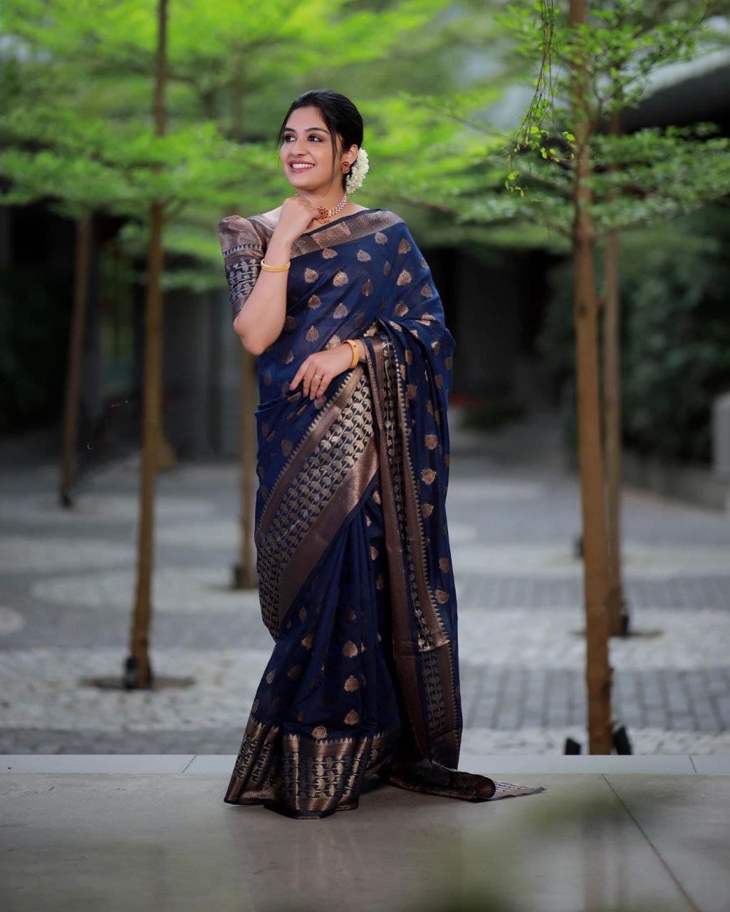 Enamoring Navy Blue Soft Silk Saree With Precious Blouse Piece