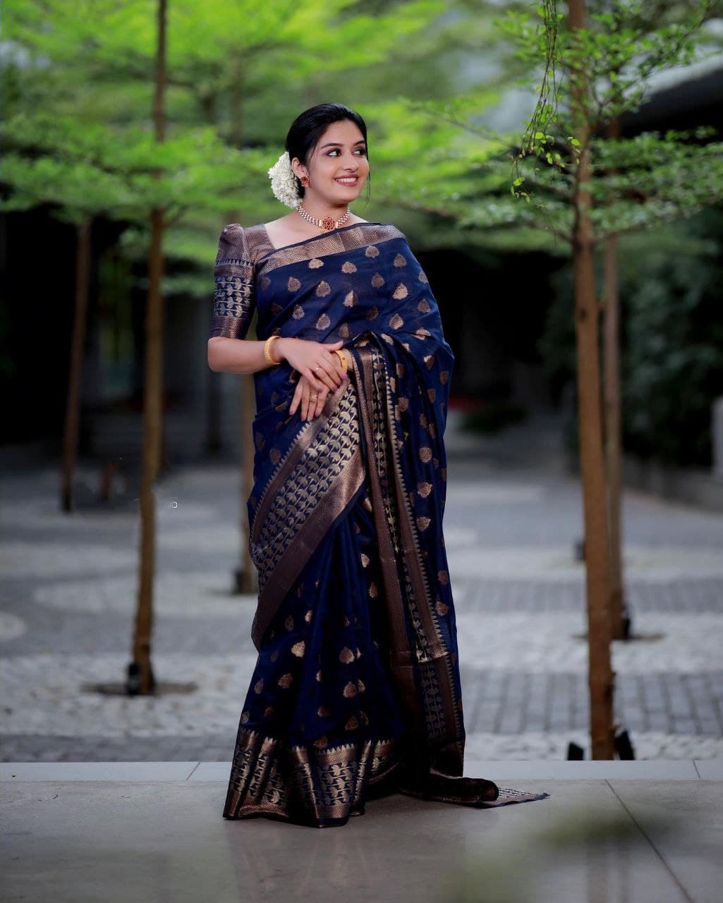 Enamoring Navy Blue Soft Silk Saree With Precious Blouse Piece