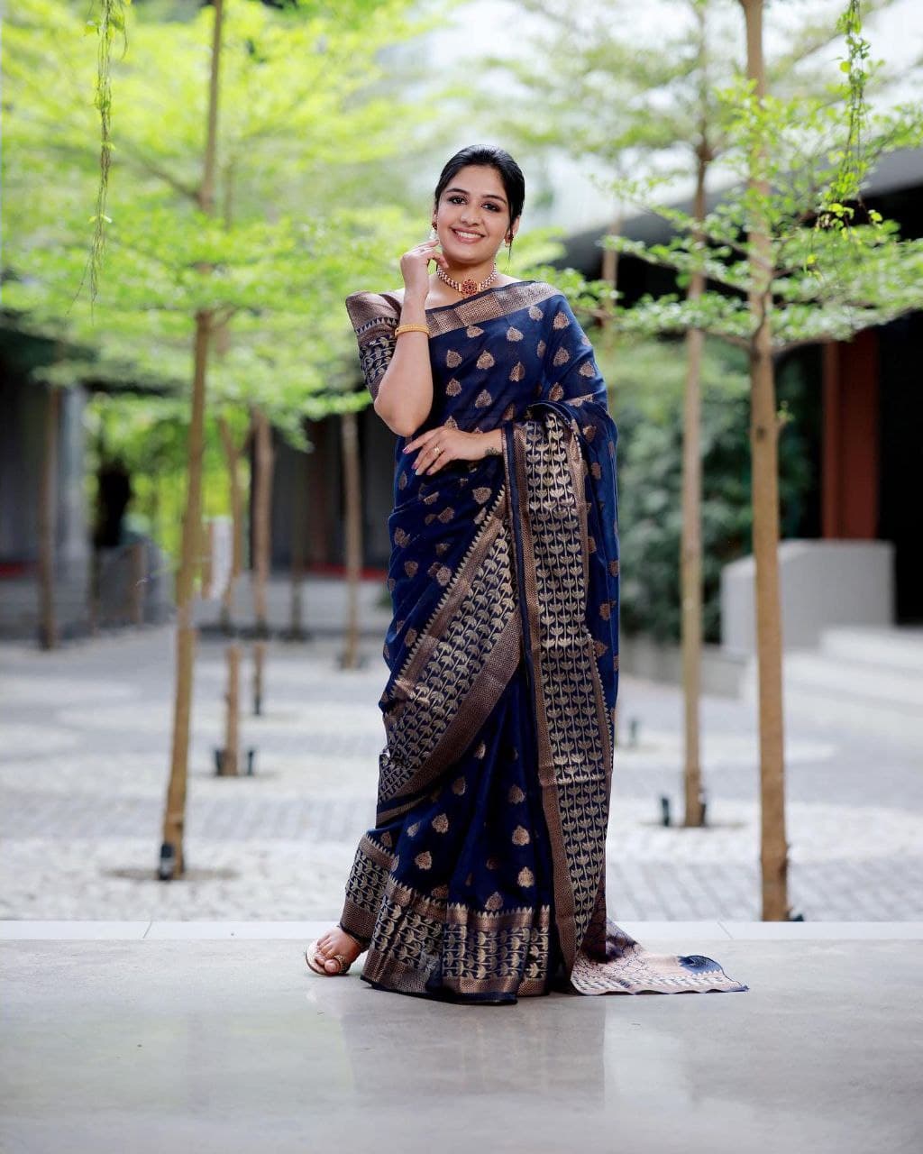 Enamoring Navy Blue Soft Silk Saree With Precious Blouse Piece