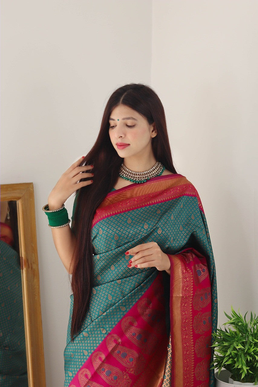 An insanely Rama Soft Silk Saree With Scintilla Blouse Piece