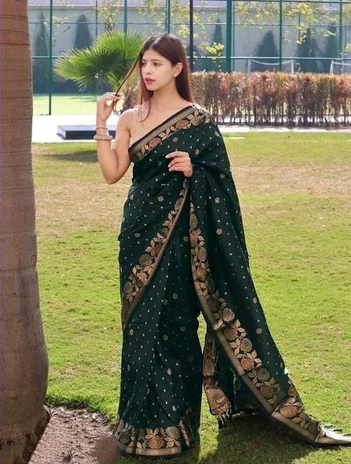 Vibrant Dark Green Soft Silk Saree With Elegant Blouse Piece