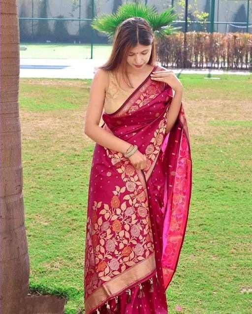 Enamoring Dark Pink Soft Silk Saree With Innovative Blouse Piece