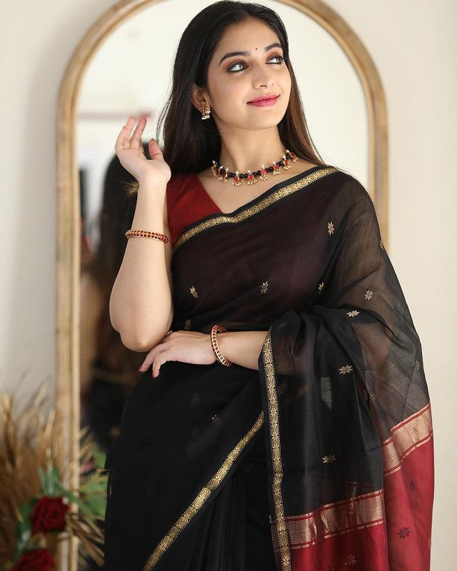 Panoply Black Cotton Silk Saree With Embrocation Blouse Piece