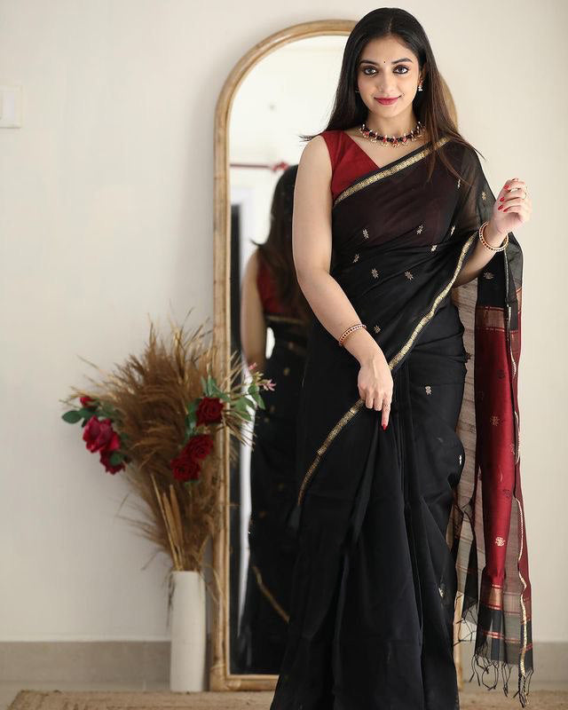 Panoply Black Cotton Silk Saree With Embrocation Blouse Piece