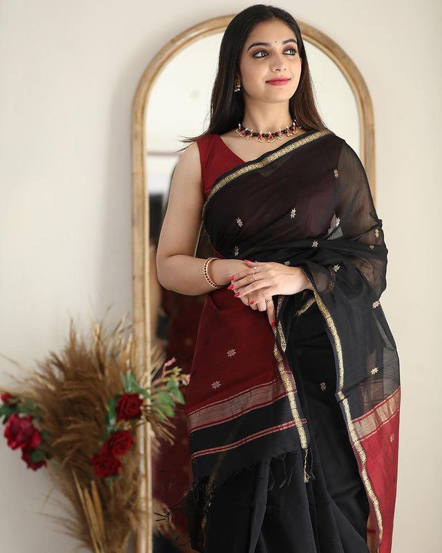 Panoply Black Cotton Silk Saree With Embrocation Blouse Piece