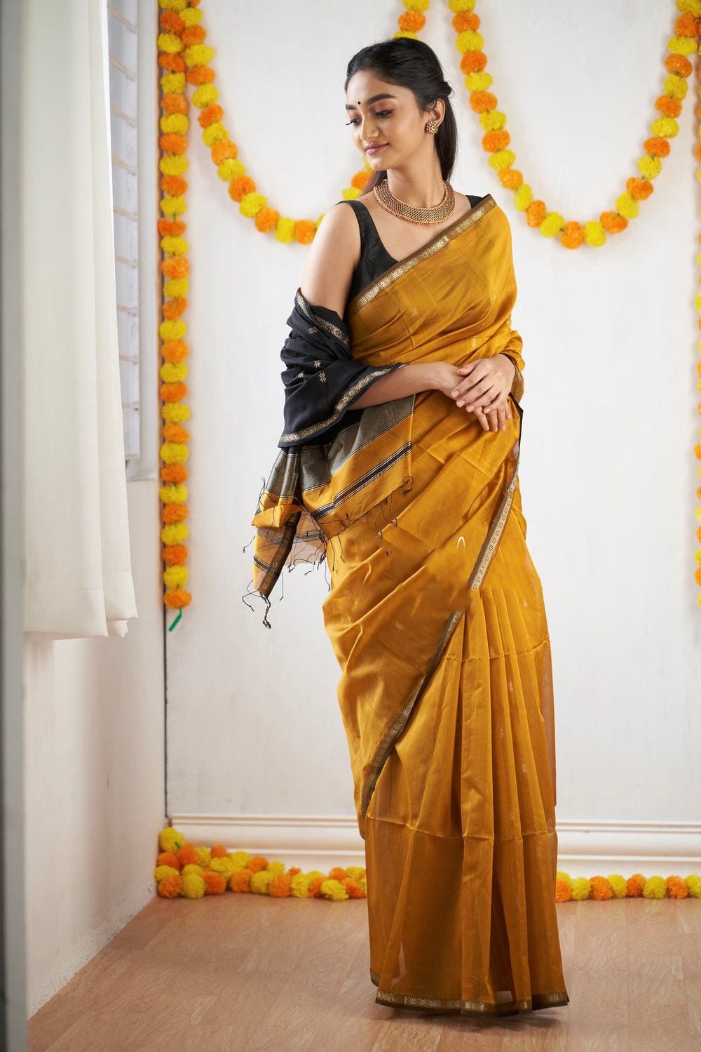 Radiant Mustard Cotton Silk Saree With Chatoyant Blouse Piece