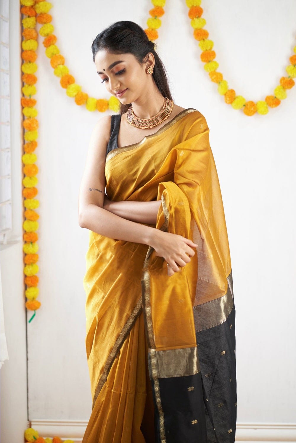 Radiant Mustard Cotton Silk Saree With Chatoyant Blouse Piece