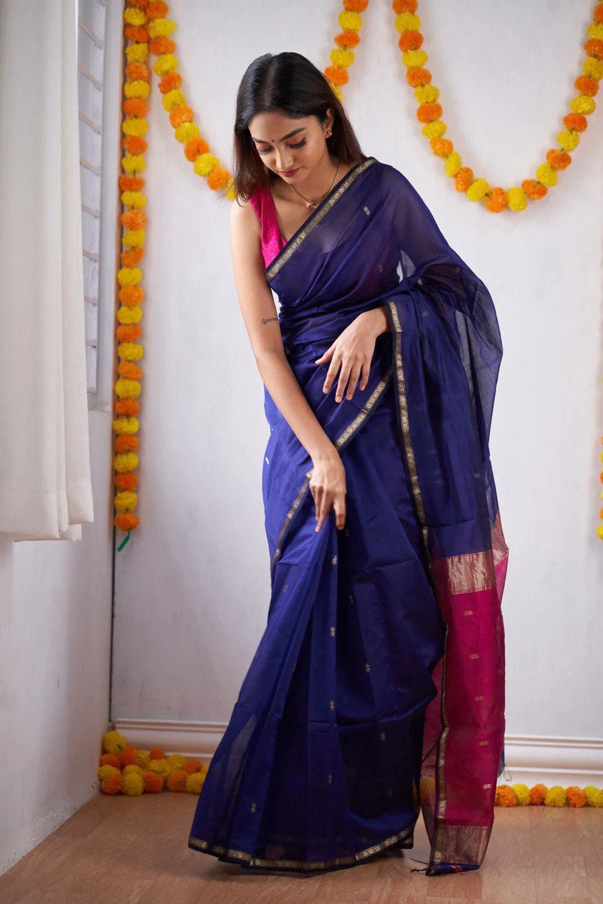 Elision Navy Blue Cotton Silk Saree With Dazzling Blouse Piece