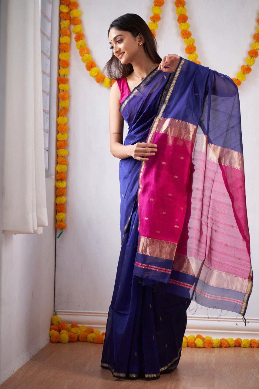 Elision Navy Blue Cotton Silk Saree With Dazzling Blouse Piece