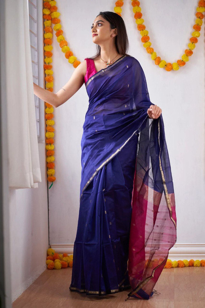 Elision Navy Blue Cotton Silk Saree With Dazzling Blouse Piece