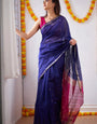 Elision Navy Blue Cotton Silk Saree With Dazzling Blouse Piece