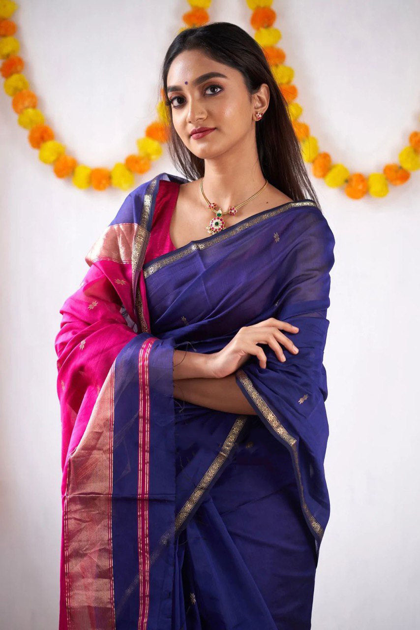 Elision Navy Blue Cotton Silk Saree With Dazzling Blouse Piece