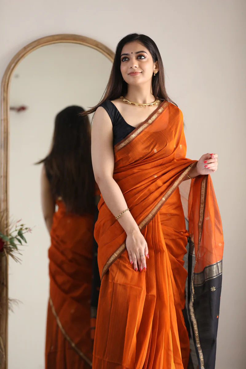 Marvellous Orange Cotton Silk Saree With Enticing Blouse Piece