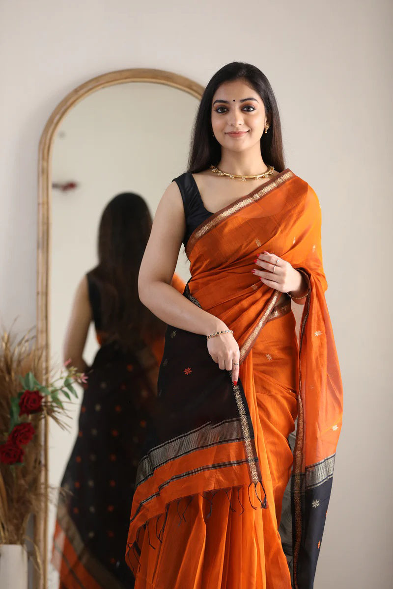 Marvellous Orange Cotton Silk Saree With Enticing Blouse Piece