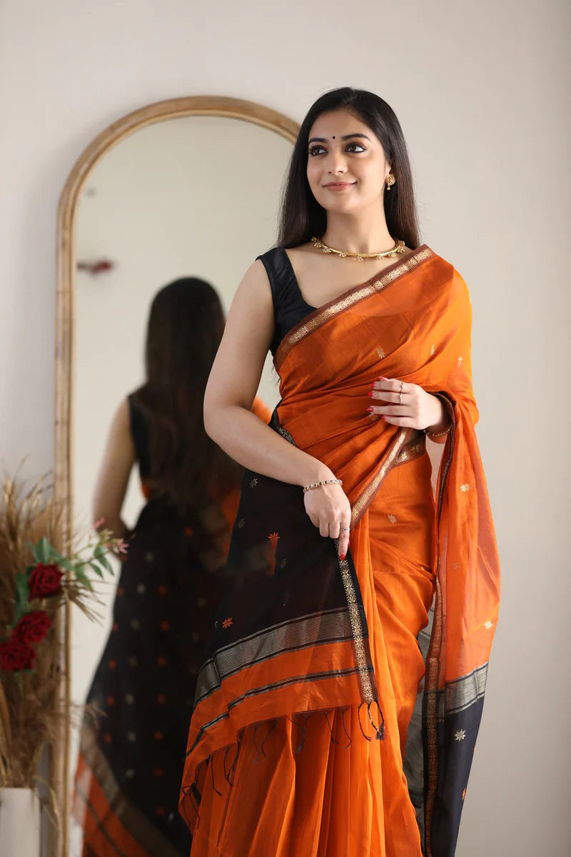 Marvellous Orange Cotton Silk Saree With Enticing Blouse Piece